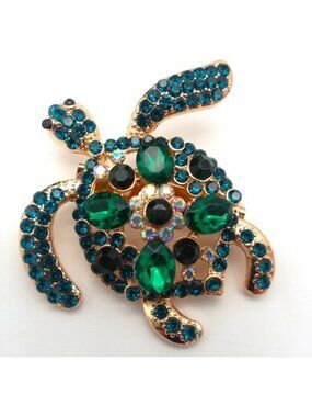 Turtle Brooch Rhinestone Pin Stylish Sea Sparkle Glam Inlayed Bold Tortoise Fun
